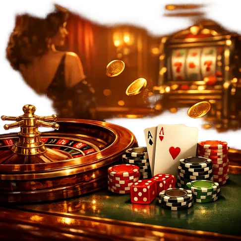 Elegant casino table with roulette wheel, poker chips, and cards in warm luxury setting